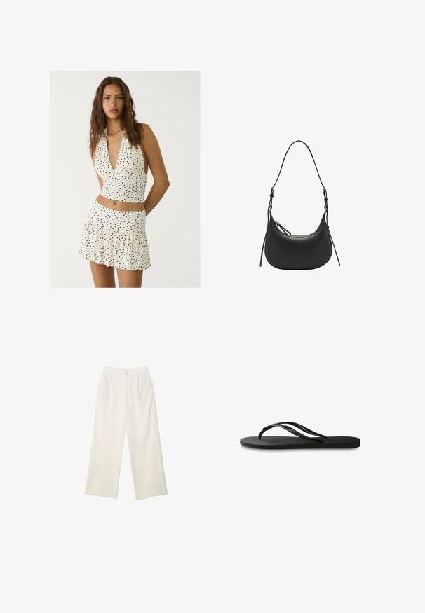 Weißes Halsbandoberteil mit schwarzen Punkten, das einen tiefen V-Ausschnitt und einen gerafften Schnitt aufweist. Kombiniert mit einem passenden gestuften Minirock.; Helle Stoffhose mit weitem Bein und glatter Textur, ausgestattet mit einem einzelnen Knopf vorne, dezenten Falten und einem Hochbund-Design.; Schwarze Flip-Flops mit einer strukturierten Gummisohle, zwei schlanken Riemen und einem dezenten, geprägten Logo-Detail auf dem Riemen.; Schwarze Leder-Schultertasche mit geschwungener Form, verstellbarem Tragegurt, goldenen Hardware-Details und einer glatten, strukturierten Oberfläche.