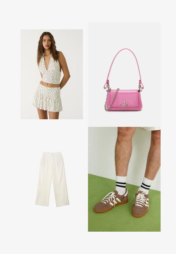 Biely top s halter výstrihom a čiernymi bodkami, s hlbokým V-výstrihom a zrúteným dizajnom. V páre s ladilovou mini sukňou s volánmi.; Široké nohavice z krémovej látky s hladkou textúrou, s jedným predným gombíkom, jemnými skladmi a vysokým pásom.; Hnedé zamatové tenisky s bielymi akcentmi a šnúrkami. Gumová podrážka. Nosené s bielymi ponožkami so čiernymi pruhmi. Zelená textúrovaná podlaha.; Ružový lesklý kožený kabelka s obdĺžnikovým tvarom, odnímateľným reťazovým popruhom a striebornými kovovými detailmi na prednej strane.