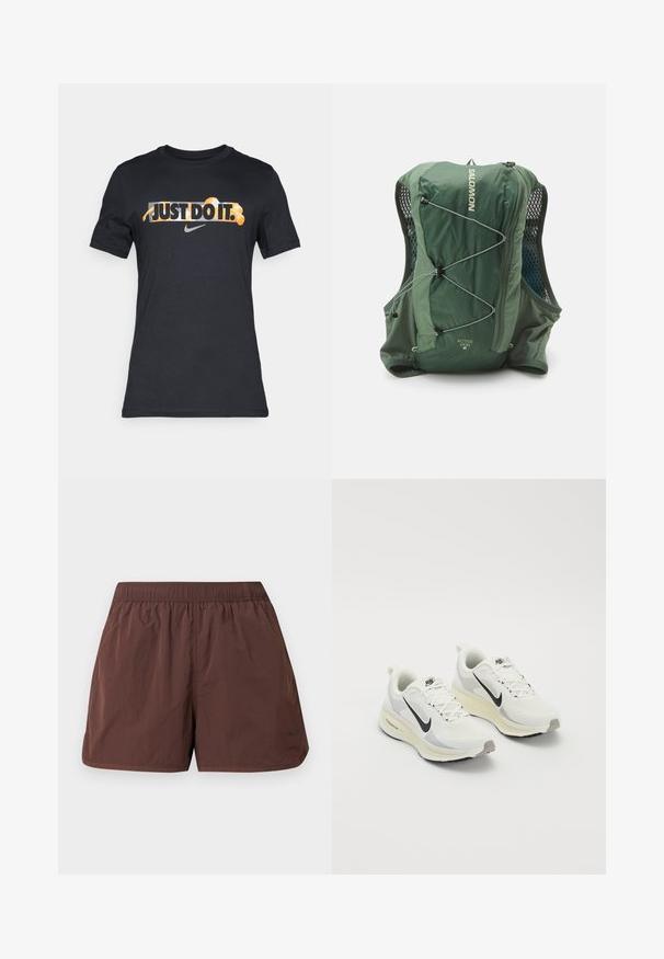 Svart bomulls T-skjorte med teksten "JUST DO IT." i oransje og hvitt. Inkluderer Nike-logoen i grått. Kortermet, rund hals.; Brune lette shorts med elastisk midjebånd og sidelommer. Har en jevn, litt rynkete tekstur. Ingen synlige mønstre eller detaljer.; Løpesko laget av hvit pustende mesh med lysegrå detaljer. Har en svart swoosh-logo og en lysegrå gummisåle.; Grønn ryggsekk med en strømlinjeformet design, mykt stoff, mesh-detaljer, bungee-strikker foran og en sidelomme med glidelås for oppbevaring.