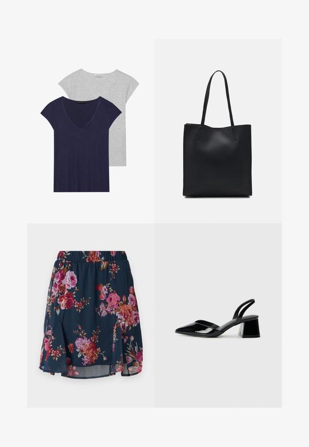 Duos trumpų rankovių marškinėlių: vieni tamsiai mėlyni su V formos kaklu, kiti šviesiai pilki. Abiejuose yra minkšta, lygi tekstūra ir atsipalaidavęs kirpimas.; Tamsiai mėlynas gėlių sijonas su rožinėmis, raudonomis ir oranžinėmis gėlėmis. Yra elastinga juosmens juosta ir plačios formos dizainas su šoninėmis skaidrėmis.; Juodos lakuotos odinės šlepetės su smailiu pirštu ir geometriniu bloko kulnu. Turi elegantišką, minimalistinį dizainą ir lygų paviršių.; Juodas odinis tote krepšys su lygia tekstūra, stačiakampio formos ir dviem ilgais rankenomis. Matomų metalinių detalių ar puošybos nėra.