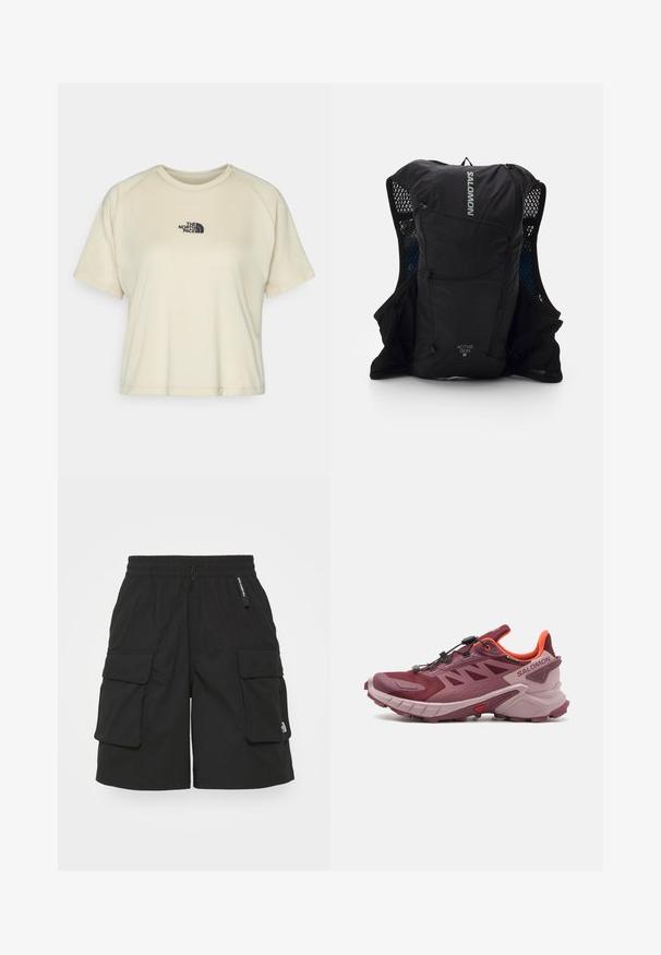 T-shirt de mangas curtas, cor creme, com gola redonda e mangas raglan. Apresenta um logo bordado em preto na parte superior do peito.; Calções cargo pretos feitos de tecido leve, com um cós elástico, dois bolsos laterais e um pequeno logótipo na perna.; Sapatilha de trail running em burgundy e rosa. Possui um cabedal em malha, sola leve e tração dinâmica com relevos visíveis. Inclui um sistema de atacadores elásticos.; Colete de corrida preto com bolsos laterais em malha, detalhes refletivos e um bolso com zip na frente. Fabricado com tecido leve, projetado para conforto e respirabilidade.