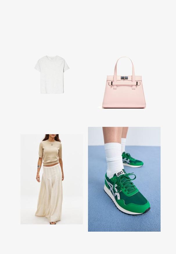 Helles graues T-Shirt mit kurzen Ärmeln aus weichem Stoff. Rundhalsausschnitt, lockere Passform, keine sichtbaren Muster oder Akzente, einfaches Design.; Beige gestricktes Kurzarmoberteil, kombiniert mit einem langen, fließenden cremefarbenen Rock mit vertikalen Falten und einer glatten Textur.; Grüne Netz- und synthetische Sneaker mit weißen Akzenten und schwarzer Gummisohle. Ausgestattet mit Schnürsenkeln, gepolstertem Kragen und ASICS-Logo auf der Zunge.; Rosa strukturierte Handtasche aus strukturiertem Leder mit zwei Obergriffen, einem Klappverschluss und kontrastierenden Metallelementen.