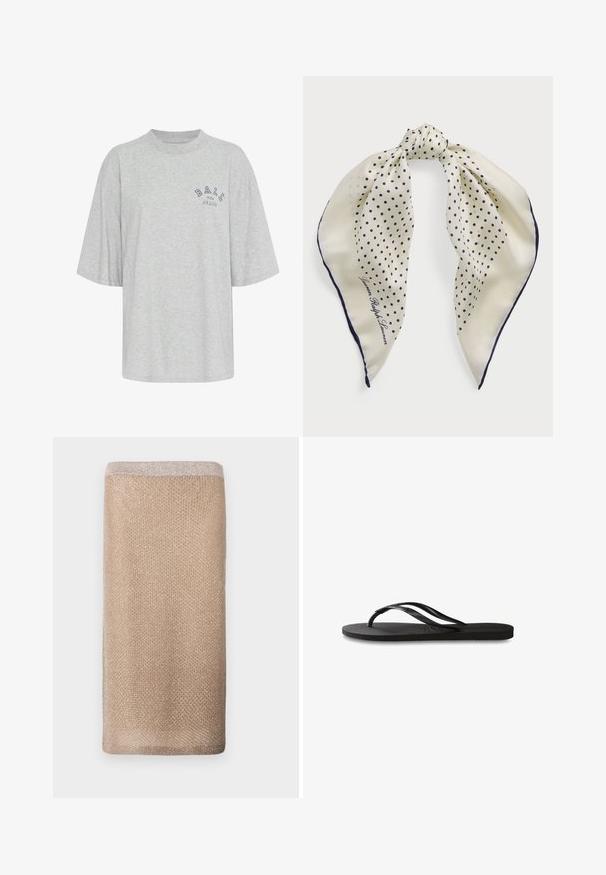 Šedé oversized tričko z bavlny s okrúhlym výstrihom, krátkymi rukávmi a potlačeným logom v námorníckej modrej farbe s nápisom "BALL THE JEANS".; Béžový pletený šál s jemným leskom, textúrovaným povrchom a svetlejším okrajem na hornej strane. Obdĺžnikový tvar.; Čierne žabky s textúrovanou gumovou podrážkou, dvoma štíhlymi popruhmi a diskrétnym embosovaným logom na popruhu.; Hodvábny šál so smotanovým pozadím a námorníckymi bodkami, zviazaný na strede; námornícky okraj; obsahuje text "Lauren Ralph Lauren."; Hnedá semišová kabelka so štruktúrovaným tvarom, s pevnými striebornými logovými doplnkami, krátkym uchom a odnímateľným ramienkom. Hladká textúra, minimalistický dizajn.