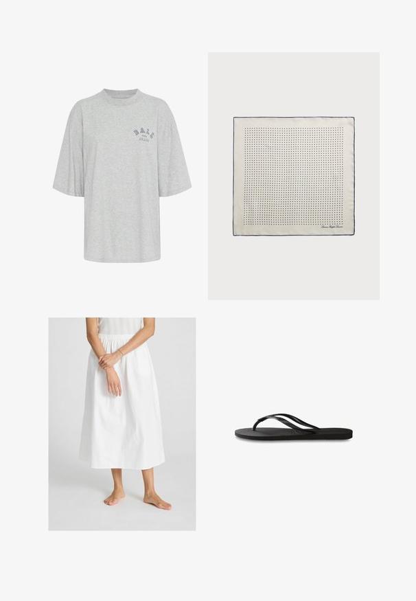 Grå oversized t-shirt lavet af bomuld, med rund hals, korte ærmer og et trykt logo i marineblå, der læser "BALL THE JEANS".; Hvid, ankel-lang nederdel lavet af bomuld med elastisk talje. Glat tekstur, der har et simpelt, flydende design.; Sorte flip-flop med en tekstureret gummisål, to slanke stropper og et subtilt, præget logodetalje på stroppen.; Selsjal i cremefarve med en marineblå kant, der har jævnt fordelte marineblå prikker, som danner et mønster. Signatur trykt i hjørnet.; Brun ruskinds håndtaske med en struktureret form, sølvfarvet logo hardware, kort håndtag og en aftagelig skulderrem. Glat tekstur, minimalistisk design.