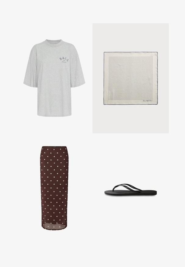 T-shirt gris surdimensionné en coton, avec un col rond, des manches courtes et un logo imprimé en marine portant l'inscription "BALL THE JEANS".; Jupe midi marron à pois en tissu léger, avec des pois blancs et un léger éclat. Silhouette droite, ourlet coupé à la cheville.; Tongs noires avec une semelle en caoutchouc texturée, deux fines lanières et un détail de logo embossé subtil sur la lanière.; Foulard en soie crème avec une bordure marine, présentant des pois marins régulièrement espacés formant un motif. Signature imprimée dans un coin.; Sac à main en daim marron avec une forme structurée, quincaillerie logo en argent, anses courtes et bandoulière amovible. Texture lisse, design minimaliste.
