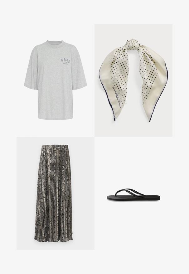 Szürke, oversized pamut póló, kerek nyakkal, rövid ujjakkal és tengerészkék nyomott logóval, melyen az áll: "BALL THE JEANS".; Ráncos midi szoknya kígyómintás dizájnban, szürke, fekete és bézs árnyalatokkal. Könnyű anyagból készült, rugalmas derékkal.; Fekete papucs texturált gumitalppal, két vékony pánttal és finom, domború logóval a pánton.; Selyem sál, melynek háttérszíne krémszínű, navy kék pöttyökkel, középen megkötve; navy kék szegéllyel; rajta a "Lauren Ralph Lauren" szöveg.; Barna velúr kézitáska, strukturált formával, ezüst logós fém részekkel, rövid fogantyúval és levehető vállpánttal. Simább textúrájú, minimalista dizájnnal.