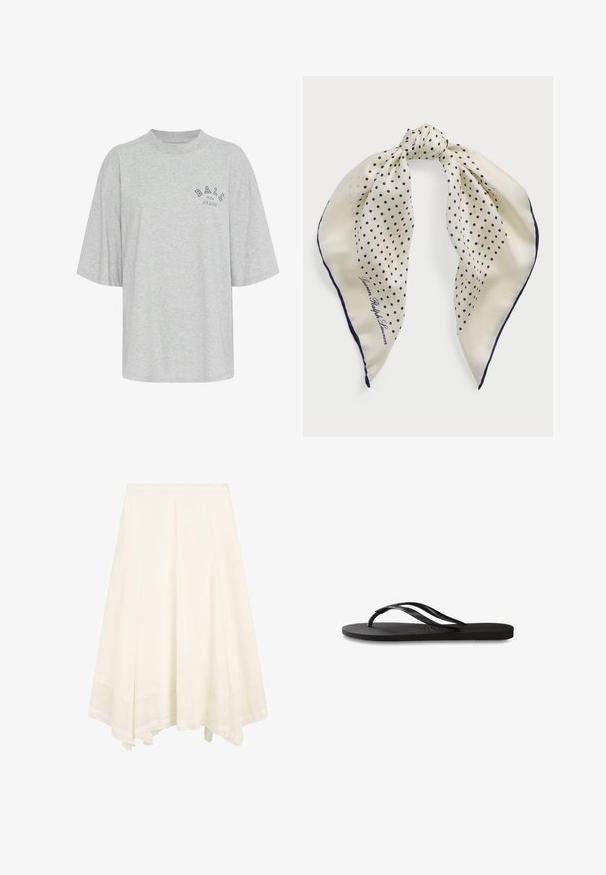 Grå oversized t-shirt lavet af bomuld, med rund hals, korte ærmer og et trykt logo i marineblå, der læser "BALL THE JEANS".; Hvid A-line midi nederdel med flagrende bund og subtile lodrette sømme, med et tekstureret bredt kantbånd.; Sorte flip-flop med en tekstureret gummisål, to slanke stropper og et subtilt, præget logodetalje på stroppen.; Silk tørklæde med en cremefarvet baggrund og marineblå polka dot-mønster, bundet i midten; marineblå kant; inkluderer teksten "Lauren Ralph Lauren."; Brun ruskinds håndtaske med en struktureret form, sølvfarvet logo hardware, kort håndtag og en aftagelig skulderrem. Glat tekstur, minimalistisk design.