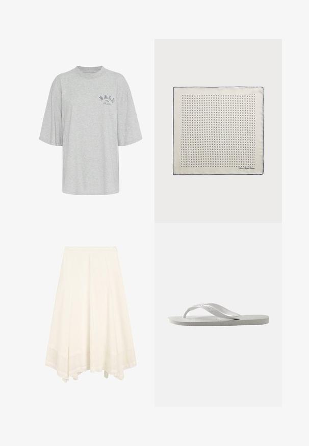 Grau oversized T-Shirt aus Baumwolle, mit Rundhalsausschnitt, kurzen Ärmeln und einem in Marineblau bedruckten Logo mit der Aufschrift "BALL THE JEANS".; Weiße A-Linien-Midirock mit einem ausgestellten Saum und subtilen vertikalen Nähten, ausgestattet mit einem strukturierten breiten Saumband.; Weiße Flip-Flops mit einer strukturierten Sohle und zwei schmalen Riemen. Die Riemen sind glatt mit dezentem Branding. Keine Muster oder zusätzlichen Akzente.; Seidenschal in Creme mit einem Marineblauen Rand, der gleichmäßig verteilte marineblaue Punkte in einem Muster zeigt. Signatur in der Ecke gedruckt.; Braune Wildlederhandtasche mit strukturierter Form, silbernem Logo-Element, kurzem Tragegriff und abnehmbarem Schultergurt. Glatte Textur, minimalistisches Design.