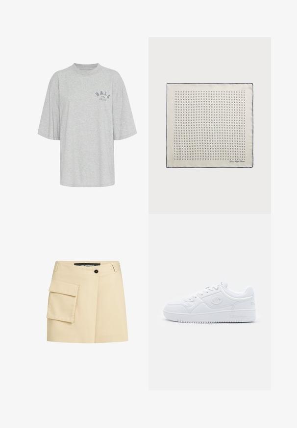 Grau oversized T-Shirt aus Baumwolle, mit Rundhalsausschnitt, kurzen Ärmeln und einem in Marineblau bedruckten Logo mit der Aufschrift "BALL THE JEANS".; Beiger Rock mit tailliertem Bund, vorderem Knopfverschluss und einer Cargo-Tasche auf der linken Seite. Glatter Stoff mit maßgeschneidertem Design.; Weiße Sneaker aus glattem Synthetikmaterial, mit runder Zehenpartie, flacher Sohle und dezenten Logoakzenten an den Seiten. Klassisches Low-Top-Design.; Seidenschal in Creme mit einem Marineblauen Rand, der gleichmäßig verteilte marineblaue Punkte in einem Muster zeigt. Signatur in der Ecke gedruckt.; Braune Wildlederhandtasche mit strukturierter Form, silbernem Logo-Element, kurzem Tragegriff und abnehmbarem Schultergurt. Glatte Textur, minimalistisches Design.