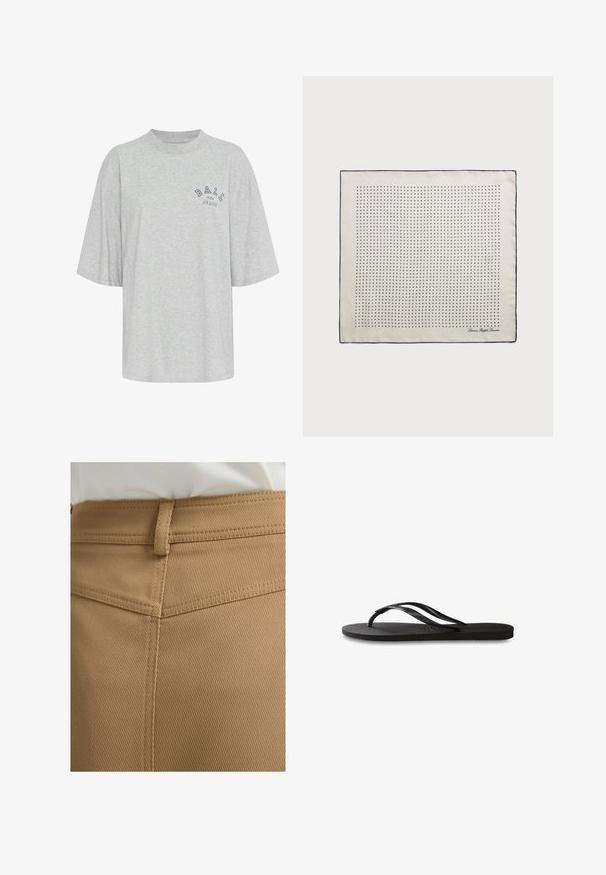 T-shirt gris surdimensionné en coton, avec un col rond, des manches courtes et un logo imprimé en marine portant l'inscription "BALL THE JEANS".; Tissu brun texturé avec un motif diagonal ; couture visible et une boucle de ceinture à la taille. Vue rapprochée de la partie supérieure du vêtement.; Tongs noires avec une semelle en caoutchouc texturée, deux fines lanières et un détail de logo embossé subtil sur la lanière.; Foulard en soie crème avec une bordure marine, présentant des pois marins régulièrement espacés formant un motif. Signature imprimée dans un coin.; Sac à main en daim marron avec une forme structurée, quincaillerie logo en argent, anses courtes et bandoulière amovible. Texture lisse, design minimaliste.