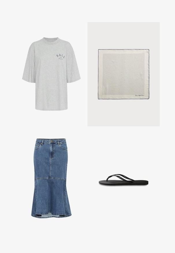 Szürke, oversized pamut póló, kerek nyakkal, rövid ujjakkal és tengerészkék nyomott logóval, melyen az áll: "BALL THE JEANS".; Culture CYRINE AMI - Farmerszoknya - medium vintage blue wash; Fekete papucs texturált gumitalppal, két vékony pánttal és finom, domború logóval a pánton.; Krém színű selyemsál tengerészkék szegéllyel, egyenletesen elhelyezett tengerészkék pöttyökkel mintázva. Aláírás a sarokban nyomtatva.; Barna velúr kézitáska, strukturált formával, ezüst logós fém részekkel, rövid fogantyúval és levehető vállpánttal. Simább textúrájú, minimalista dizájnnal.