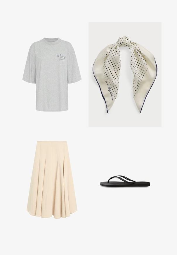 T-shirt gris surdimensionné en coton, avec un col rond, des manches courtes et un logo imprimé en marine portant l'inscription "BALL THE JEANS".; Jupe midi beige en A avec des plis, fabriquée en tissu léger, dotée d'une taille lisse et d'un ourlet évasé.; Tongs noires avec une semelle en caoutchouc texturée, deux fines lanières et un détail de logo embossé subtil sur la lanière.; Écharpe en soie avec un fond crème et des pois navy, nouée au centre ; bord navy ; comprend le texte "Lauren Ralph Lauren."; Sac à main en daim marron avec une forme structurée, quincaillerie logo en argent, anses courtes et bandoulière amovible. Texture lisse, design minimaliste.