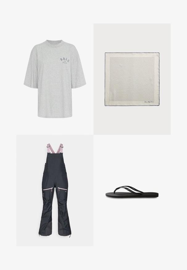 Grijze oversized t-shirt van katoen, met een ronde hals, korte mouwen en een blauwe opdruk met de tekst "BALL THE JEANS".; Zwarte waterdichte overalls met roze verstelbare banden, voorzien van ritszakken en versterkte onderste delen voor duurzaamheid.; Zwarte flip-flop met een gestructureerde rubberen zool, twee slanke banden en een subtiele, ingedrukte logo-detail op de band.; Zijden sjaal in crème met een marineblauwe rand, voorzien van gelijkmatig verdeeld marineblauwe stippen die een patroon vormen. Handtekening gedrukt in de hoek.; Bruine suède handtas met een gestructureerde vorm, zilveren logo hardware, korte handgreep en een afneembare schouderriem. Gladde textuur, minimalistisch ontwerp.