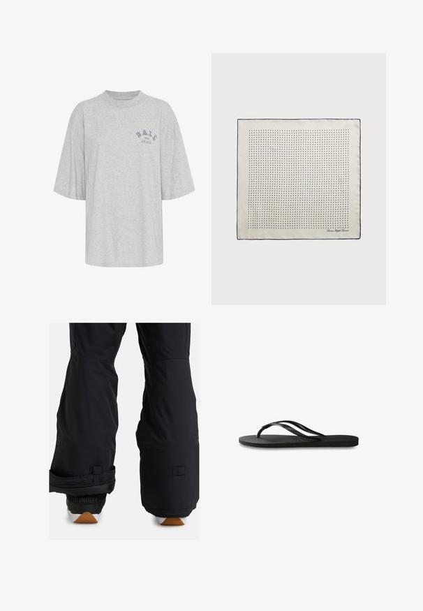 Šedé oversized tričko z bavlny s okrúhlym výstrihom, krátkymi rukávmi a potlačeným logom v námorníckej modrej farbe s nápisom "BALL THE JEANS".; Čierne zimné nohavice so zateplenou spodnou časťou, nastaviteľnými manžetami a elegantným matným povrchom; vhodné na zimné športy.; Čierne žabky s textúrovanou gumovou podrážkou, dvoma štíhlymi popruhmi a diskrétnym embosovaným logom na popruhu.; Hodvábna šatka v krémovej farbe s námorníckym lemom, zdobená pravidelne rozmiestnenými námorníckymi bodkami vytvárajúcimi vzor. V rohu je vytlačený podpis.; Hnedá semišová kabelka so štruktúrovaným tvarom, s pevnými striebornými logovými doplnkami, krátkym uchom a odnímateľným ramienkom. Hladká textúra, minimalistický dizajn.