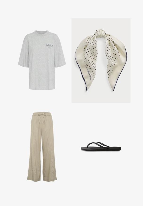 Pelēka, pārāk liela kokvilnas t-kreklu ar apaļu kaklu, īsām piedurknēm un drukātu jūras zilo logotipu ar tekstu "BALL THE JEANS".; Smaržīgi bežīgas platās bikses, kas izgatavotas no viegla auduma, ar elastīgu jostu, kas regulējas ar aukliņu, un sānu kabatām. Gluda tekstūra, minimālistisks dizains.; Melni čības ar teksturētu gumijas zoli, divām plānām siksniņām un smalku, iespiedotu logotipa detaļu uz siksniņas.; Zīda šalle ar krēma krāsas fonu un tumši zilu punktiņu rakstu, sasieta centra daļā; tumši zila apmale; ietver tekstu "Lauren Ralph Lauren."; Brūns zamša rokassoma ar strukturētu formu, sudraba logo aparatūru, īsu rokturi un noņemamu plecu siksnu. Gluda tekstūra, minimālisma dizains.