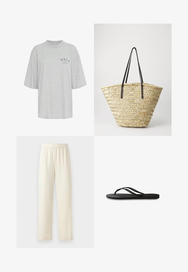 Gray oversized t-shirt made of cotton, featuring a round neck, short sleeves, and a printed logo in navy reading "BALL THE JEANS".; Cream-colored, straight-leg pants with an elastic waistband, smooth texture, and no visible patterns or hardware.; Black flip-flop featuring a textured rubber sole, two slender straps, and a subtle, embossed logo detail on the strap.; Woven straw tote bag with a wide, tapered shape, featuring two black leather handles. Natural beige color with a textured surface.