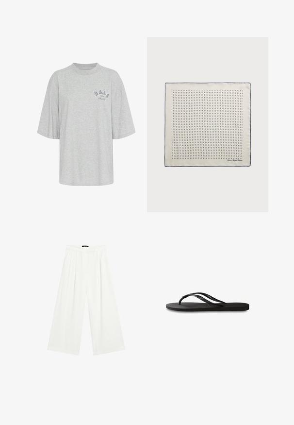 Grå oversized t-shirt lavet af bomuld, med rund hals, korte ærmer og et trykt logo i marineblå, der læser "BALL THE JEANS".; Bredde bukser i hvidt stof med frontfolder, flad talje og en afslappet pasform. Glat tekstur og ingen synlige mønstre.; Sorte flip-flop med en tekstureret gummisål, to slanke stropper og et subtilt, præget logodetalje på stroppen.; Selsjal i cremefarve med en marineblå kant, der har jævnt fordelte marineblå prikker, som danner et mønster. Signatur trykt i hjørnet.; Brun ruskinds håndtaske med en struktureret form, sølvfarvet logo hardware, kort håndtag og en aftagelig skulderrem. Glat tekstur, minimalistisk design.