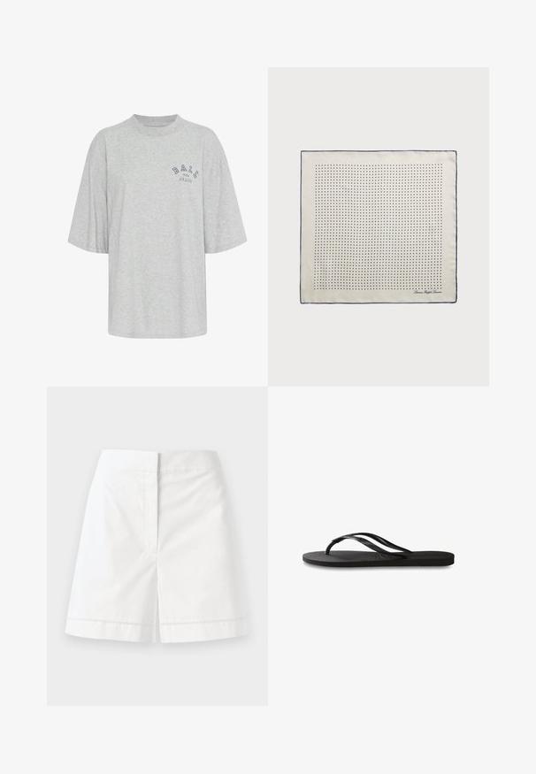 Harmaa ylisuurikokoinen t-paita, joka on valmistettu puuvillasta. T-paidassa on pyöreä kaula-aukko, lyhyet hihat ja tummansininen printtilogo, jossa lukee "BALL THE JEANS".; Valkoiset puuvillahousut suoraan leikkaukseen, jossa on sileä pinta, takataskut ja koristeommel helman varrella.; Mustat flip-flopit, joissa on röpelöinen kumipohja, kaksi hoikkaa remmiä ja hillitty, kohokuvioitu logotyyli remmissä.; Kermansävyinen silkkihuivi, jossa on tummansininen reunus ja tasaisesti sijoitetut tummansiniset pisteet, jotka muodostavat kuvion. Kulmassa nimikirjoitus.; Ruskohvainen mokkasaumallinen käsilaukku, jossa on rakenteellinen muoto, hopeinen logo metalliosissa, lyhyt kahva ja irrotettava olkahihna. Sujuva pinta, minimalistinen muotoilu.