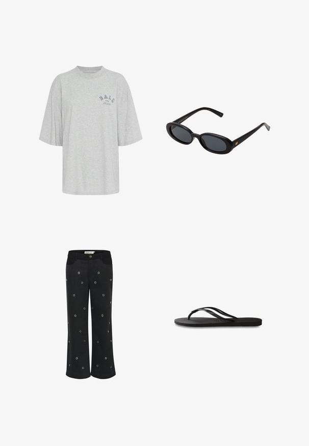 Grijze oversized t-shirt van katoen, met een ronde hals, korte mouwen en een blauwe opdruk met de tekst "BALL THE JEANS".; Zwarte wijde broek gemaakt van zachte stof, met zilveren eyelets in een verspreid patroon en voorzakken. Uitlopende zoomontwerp.; Zwarte flip-flop met een gestructureerde rubberen zool, twee slanke banden en een subtiele, ingedrukte logo-detail op de band.; Zwarte oversized zonnebril met ovale lenzen, een glad plastic montuur en gouden accenten op de pootjes. Donkere lenzen bieden bescherming tegen de zon.; Zijden sjaal in crème met een marineblauwe rand, voorzien van gelijkmatig verdeeld marineblauwe stippen die een patroon vormen. Handtekening gedrukt in de hoek.; Zwarte leren handtas met een enkele verstelbare schouderband, rechthoekige vorm, voorvak met rits en een subtiele textuurafwerking.