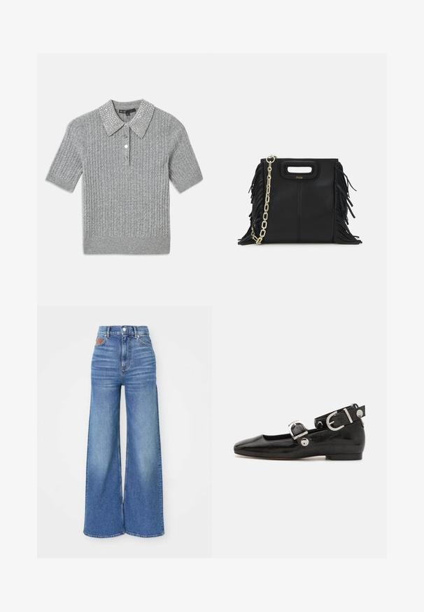 Polo en tricot gris à manches courtes, texture côtelée et col décoratif en perles. Comprend trois boutons sur le devant.; Jean taille haute à jambe large en denim bleu clair avec un léger délavage, dotés d'une fermeture à bouton et d'un accent en cuir au niveau de la ceinture arrière.; Ballerine en cuir verni noir avec un bout carré, sangle de cheville avec des détails en métal argenté et semelle plate. Texture lisse avec un design minimaliste.; Sac à main en cuir noir avec des détails en franges, chaîne dorée pour l'épaule et une poignée découpée. Présente le logo sur le devant.