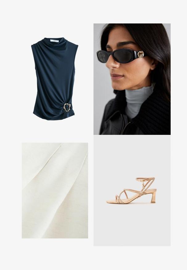 Navy krāsas bez piedurknēm augšdaļa ar plūstošu audumu, apkaklīte un metāla zelta gredzens akcentā pie jostas, piedāvājot gludu, mīkstu tekstūru.; Auduma audums off-white krāsā ar smalku teksturētu austu, ar maigiem salocījumiem un vājiem plankumiem. Gluda, mīksta apdare.; Atvērtu pirkstu augstpapēžu sandales metāliski zelta krāsā, ar krustveida siksnām, kas rotātas ar mirdzošiem akcents, un bloku papēdi. Regulējama potītes siksna.; Melni saulesbrilles ar gludu taisnstūra formu un zelta logo akcentu uz sāna. Tumši objektīvi un spīdīga apdare ir izceltas.