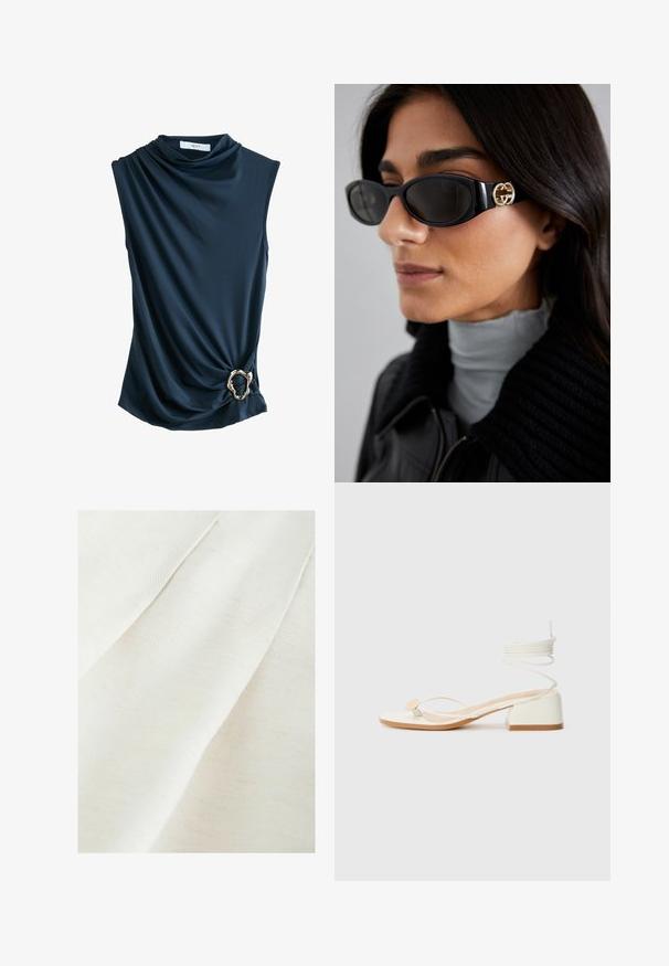 Mornarsko modra brezrokavnik z drapirano tkanino, cowl izrezom in kovinskim zlatim obročkom na pasu, ki nudi gladko, mehko teksturo.; Tekstilna tkanina v off-white barvi z rahlo teksturiranim tkanjem, ki vključuje nežne gube in blage pike. Gladek, mehak zaključek.; Bele sandale s peto na kvadrat, tanke naramnice in okroglim poudarkom. Imajo teksturirano podplato in vzorčeno vezavo okoli gležnja.; Črne sončne očala z elegantnim pravokotnim okvirjem in zlatim logotipom na strani. Temna stekla in sijajna površina sta izrazita.