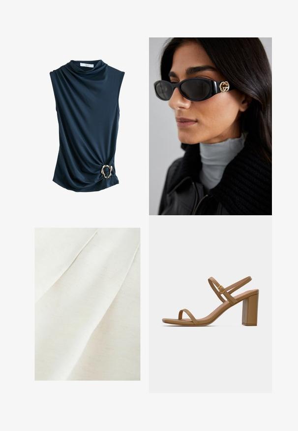 Námořnický bezramenný top s volně splývající tkaninou, lodičkovým výstřihem a kovovým zlatým kroužkem na pase, který nabízí hladkou, jemnou texturu.; Textilní látka v off-white barvě s jemnou texturovanou tkaninou, která má mírné záhyby a slabé skvrny. Hladký, jemný povrch.; Světle hnědé sandály na podpatku s dvěma štíhlými řemínky a čtvercovým blokovým podpatkem. Hladký materiál s minimálním designem a malým zlatým sponou.; Černé sluneční brýle s elegantním obdélníkovým rámem a zlatým logem na boční straně. Tmavé čočky a lesklý povrch jsou výrazné.; Bílá kabelka z umělé kůže s přehnutým klopovým víkem, zlatým kováním a odnímatelným ramenním popruhem. Obsahuje sponu na zavírání a hladký povrch.