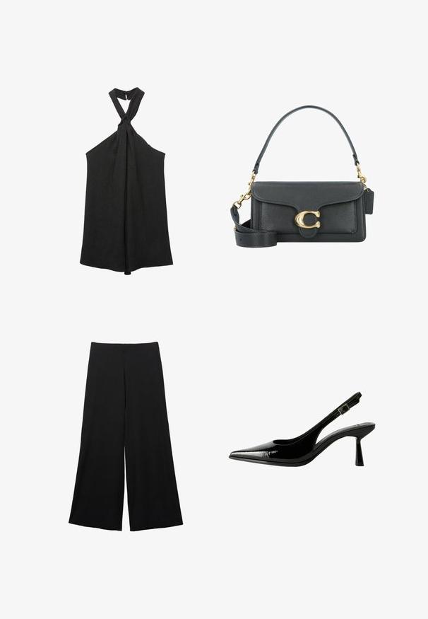 Črna brezrokavna majica s povezanimi ovratniki in ohlapnim krojem. Narejena iz teksturirane tkanine, ki ima subtilen lesk in zapenjanje na gumb.; Črne široke hlače iz mehkega materiala. Imajo visok pas in gladko teksturo brez vidnih vzorcev ali poudarkov.; Črne lakirane slingback čevlje s koničastim nosom, izrezanimi stranicami, nastavljivim gležnjarjem in tankim, elegantnim peto.; Črna usnjena torbica z zlatim okovjem, ki se ponaša s prepoznavnim zapiralom, odstranljivim ramenskim trakom in teksturirano površino.