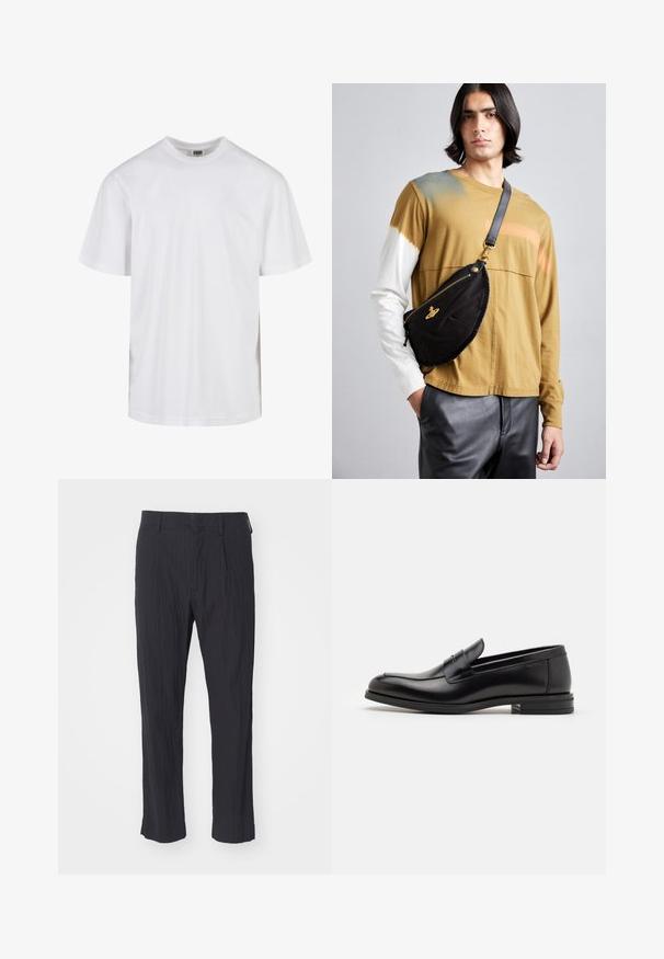 T-shirt bianca in cotone con scollatura rotonda e maniche corte. Il design è semplice, senza motivi o accenti.; Pantaloni neri plissettati con tessuto testurizzato, caratterizzati da un design a gamba dritta e una vita standard. Senza tasche visibili o componenti metallici.; Mocassini neri in pelle con una texture liscia, punta arrotondata e una striscia decorativa sulla tomaia. Tacco basso impilato, design minimalista.; Vivienne Westwood CITY BUMBAG UNISEX - Marsupio - black