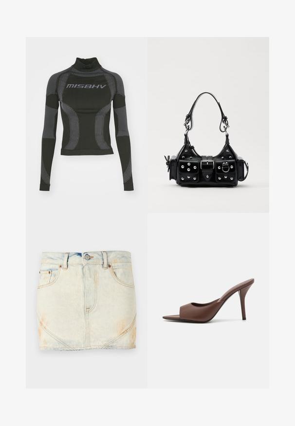 Črn dolg rokav športni zgornji del z visokim ovratnikom, raztegljivo tkanino in kontrastnimi sivo-črnimi linijskimi vzorci ter logotipom "MISBHV" spredaj.; Denim mini krilo v svetlo modri barvi z izbledanjem, ki ima pet zank za pas, sprednja žepa in dekorativne šive.; Rjave usnjene mule z odprtim prstom in visokim peto, s športnim dizajnom, ki vključuje širok sprednji trak in tanek stiletto peto.; Črna usnjena torbica s ukrivljenim dizajnom, ki vsebuje srebrne žebljičke, zaponko in dve stranski žepki. Nastavljiv trak za različne možnosti nošenja.