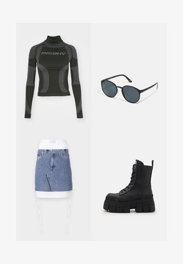 Maglia a maniche lunghe nera performante con collo alto, tessuto elastico e motivi a linee grigie a contrasto con il logo "MISBHV" sul fronte.; Gonna di jeans con corpo blu, vita perforata bianca e lacci. Presenta tasche frontali e un taglio dritto con orlo grezzo.; Buffalo GOSPHER LACE UP MID - Stivaletti stringati - black; Occhiali da sole rotondi neri con lenti scure, realizzati in plastica. Stemmi sottili con marchio sul lato, caratterizzati da una texture liscia e accenti discreti.