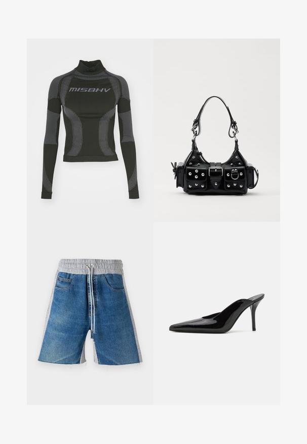 Maglia a maniche lunghe nera performante con collo alto, tessuto elastico e motivi a linee grigie a contrasto con il logo "MISBHV" sul fronte.; Shorts in denim con vita elastica grigia, dotati di lacci. Il design include tasche laterali e un aspetto color-block.; Mule in pelle patinata nera con tacco alto, punta affilata e silhouette elegante, dotato di apertura sul dietro e tacco a stiletto sottile.; Borsa a mano in pelle nera con design curvo, caratterizzata da borchie argentate, una fibbia e due tasche laterali. Tracolla regolabile per diverse opzioni di trasporto.