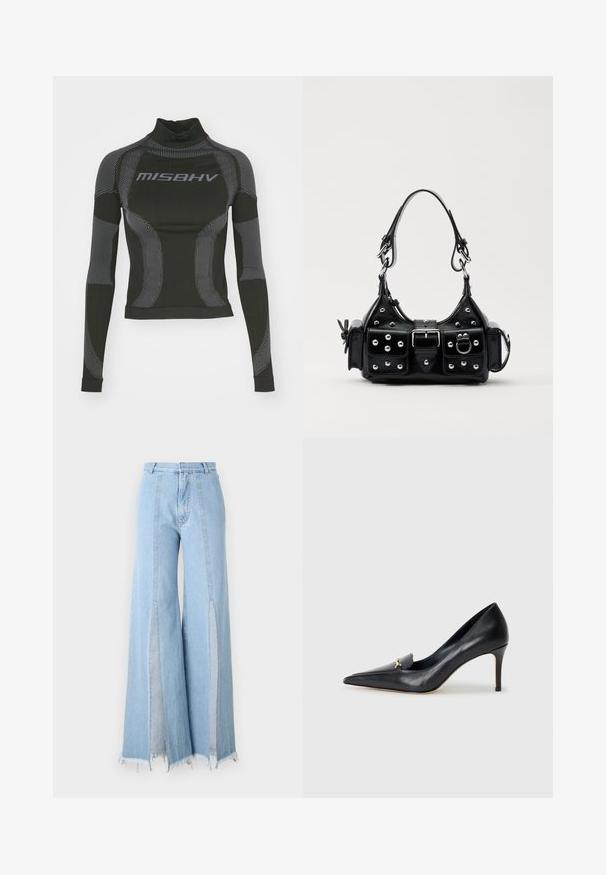 Melnā garenbiržu veiktspējas topa ar augstu apkakli, elastīgu audumu un kontrastējošām pelēkām līnijām ar "MISBHV" logo priekšpusē.; Gaiši zili platām kājām džinsi ar augstu jostasvietu, ar sānu slīpēm un neapstrādātām malām. Izgatavoti no denima ar kontrasta šuvēm.; Melnas ādas sūkņi ar norādītu pirkstu, zemu griezumu un dekoratīvu zelta akcentu. Iezīmējas ar stiletto papēdi un gludu tekstūru.; Melnas ādas rokturmais ar izliekumu, ar sudraba iedurtiem, sprādzi un divām sānu kabatām. Regulējams siksniņas garums dažādām nēsāšanas iespējām.