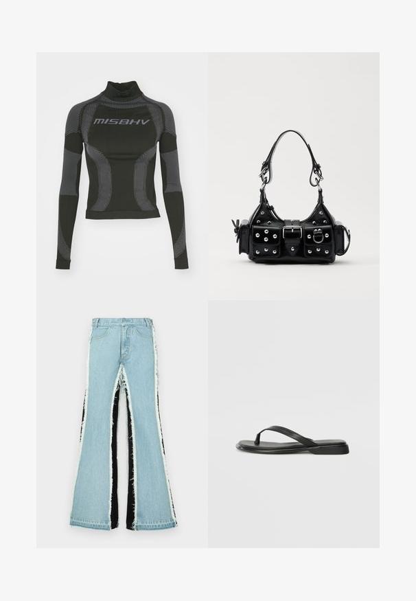 Black long-sleeve performance top featuring a high neck, stretch fabric, and contrasting gray line patterns with "MISBHV" logo on the front.; Light blue flared jeans with black side panels, frayed edges, and a high waist design. Features standard pockets and belt loops.; Black flip-flop made of smooth leather, featuring a thin strap design and a flat sole with a minimal profile. No notable patterns or accents.; Black leather handbag with a curved design, featuring silver studs, a buckle, and two side pockets. Adjustable strap for carrying options.
