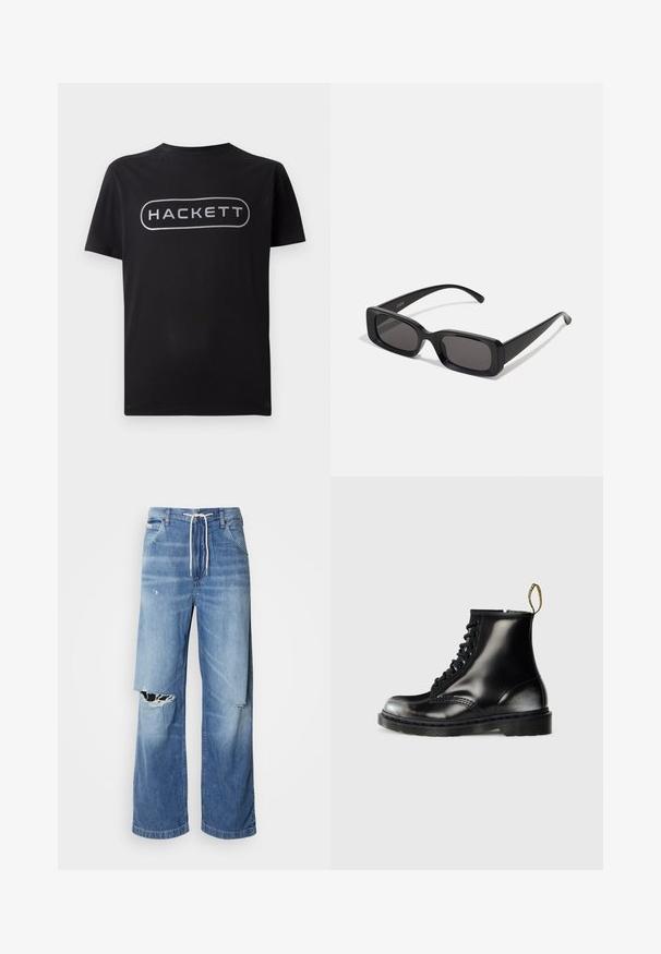 Fekete pamut póló rövid ujjakkal, elöl kiemelkedő szürke "HACKETT" logóval, kerek nyakkivágással és szabványos fitettel.; Világoskék farmernadrág laza szabással, fehér húzózsinóros derékpánttal, a elején jellegzetes szakításokkal, amelyeken cérnával szelektált szélek láthatók.; Fekete bőr bokacsizmák fényes felülettel, nyolc fűzőlyukkal, fekete cipőfűzővel és húzófüllel. Mintás talppal rendelkezik.; Fekete, téglalap alakú napszemüveg sötét lencsékkel, fényes felülettel, széles szárakkal és masszív keret designnal. Az egyik szárra gravírozott márkanevével.