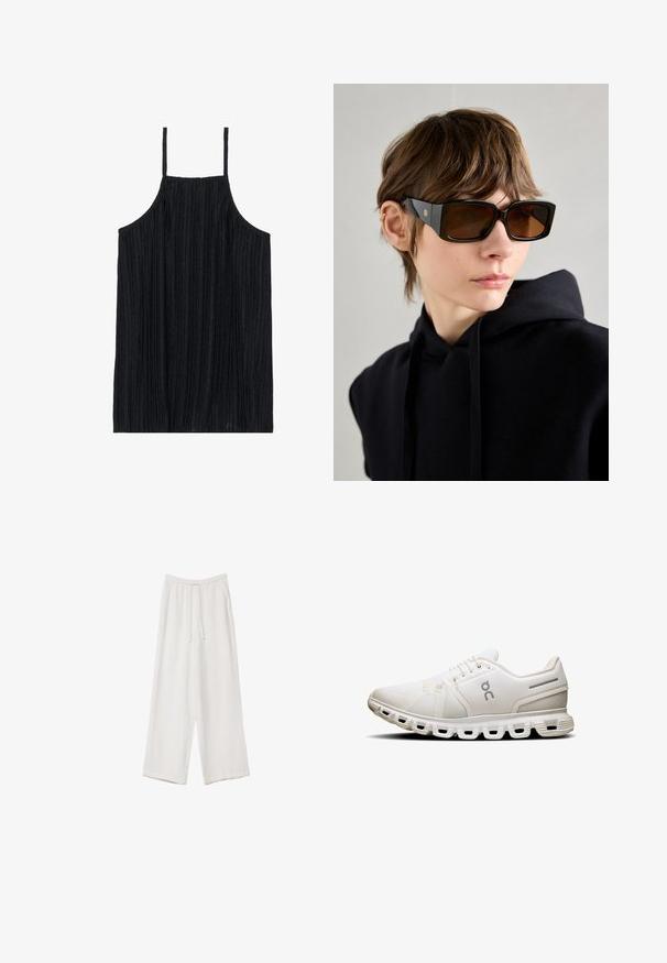 Crni top bez rukava s okomitim rebrastim uzorkom, tankim podesivim trakama i opuštenim krojem. Tkanina izgleda meko i lagano.; Bijele hlače širokih nogavica napravljene od lagane tkanine. Imaju elastičan pojas s ušicom i bočne džepove. Glatka tekstura.; Bijela atletska cipela s mrežastim gornjištem, ravnim vezicama i karakterističnim potplatom s segmentiranim udobnostima i suptilnim sivim naglascima.; Crne oversize sunčane naočale s sjajnom završnom obradom, pravokutnog oblika, smeškim staklima i zlatnim logotipom na ručkama.; Crna kožna torba s lukovitim oblikom, odvojivim remenom i zlatnim detaljima. Torba ima preklop s kopčom.