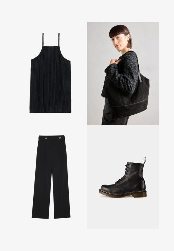 Mustard värvi ilma varrukateta topp vertikaalse ribakujundusega, õhukesed reguleeritavad rihmad ja lõdvestatud lõige. Kude näeb välja pehme ja kerge.; Mustad laiad püksid kõrge vöökoha ja nööpdetailidega vööandil, esikortsudega.; Must musta välinega nööriga saapad ümmarguse varba, kollase õmblusega talla ääres ja tagaküljel tõmbluku kinnitamine. Tekstuuriga viimistlus, paks tald.; Must mustriga mustekott, millel on sile tekstuur, struktureeritud kuju ja kontrastsed õmblused. Omab pikki rihmasid õlavarre kandmiseks.