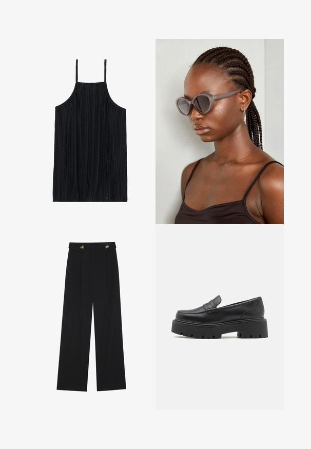 Czarny bezrękawnik o pionowym prążkowanym teksturze, z cienkimi regulowanymi ramiączkami i luźnym krojem. Materiał wydaje się miękki i lekki.; Czarne szerokie spodnie z wysokim stanem, z detalami w postaci guzików na pasku oraz plisami z przodu.; Czarne skórzane mokasyny z niską, grubą gumową podeszwą, przeszywanymi detalami na cholewce oraz gładką fakturą.; Szare, przerośnięte okulary przeciwsłoneczne o zaokrąglonym kształcie i ciemnych soczewkach. Smukła plastikowa oprawka o gładkim wykończeniu. Model ma warkocze.
