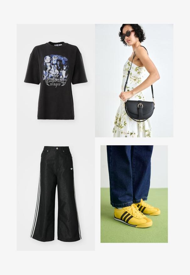 Černé oversized tričko vyrobené z bavlny, s grafickým potiskem v modrých tónech, obsahující obrázky a texty spojené s "Buffy, přemožitelkou upírů."; Černé široké džíny s třemi bílými pruhy po stranách a malým bílým logem. Obsahují přední kapsy a zapínání na knoflík.; Žluté kožené tenisky s černými pruhy, strukturovanou špičkou a bílou podrážkou, spojené s tmavými džínami na zeleném povrchu.; Černá kožená kabelka s křivkovým tvarem, odnímatelným popruhem a zlatými detaily. Kabelka má klopu s přezkou.
