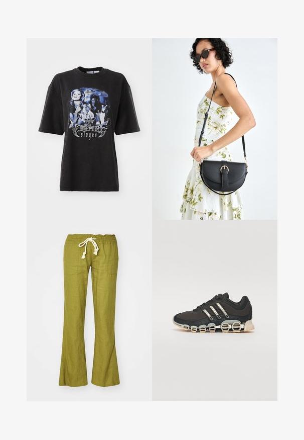 Musta ylisuuria t-paita, joka on valmistettu puuvillasta. Siinä on sinisävyinen graafinen printti, jossa on kuvia ja tekstiä liittyen "Buffy the Vampire Slayer" -sarjaan.; Vihreät pellavasta valmistetut leveälahkeiset housut, joissa on joustava vyötärö ja säädettävä naru. Sisältää kaksi sivutaskua ja sileän pinnan.; Musta urheilujalkine, jossa on teksturoitu päällinen, kolme hopeista raitaa ja erottuva vaimennustuli, jonka rakenne koostuu useista integroituista osista.; Musta nahkainen käsilaukku, joka on kaareva muotoilultaan, irrotettavalla hihnalla ja kultaisilla yksityiskohdilla. Laukussa on läppä, jossa on solk yksityiskohta.