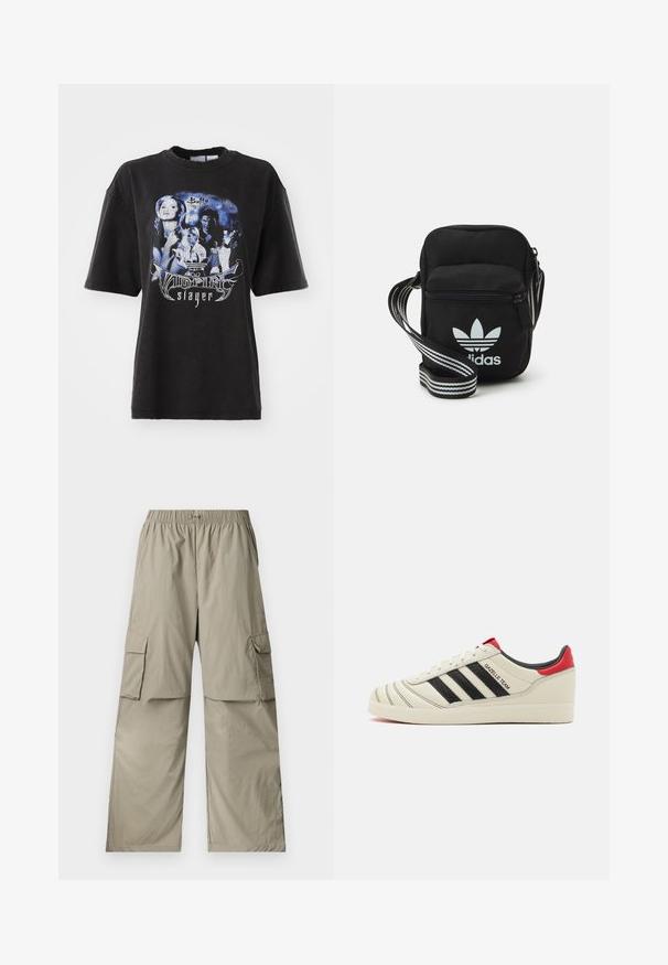 Must mustaga T-särk, mis on valmistatud puuvillast, omab sinistes toonides graafilist trükist, kus on kujutatud pilte ja tekste seoses "Buffy vampiirijahtijaga."; Beezid värvi cargo pantsid, mis on valmistatud kergest kangast, funktsioneeriva elastse vöökohaga, laia lõikega ja kahe suurte kül pocketitega.; Kreemist nahast tossud mustade triipudega, punaste kannakate aktsentidega ja tekstuursete detailidega. Omab kummist tallat ja seotud sulgemist.; Mustmust värvi risti koti, millel on tõmblukuga sulgemine, valge Adidas'i logo ja triibuline reguleeritav rihm mugavaks kandmiseks.