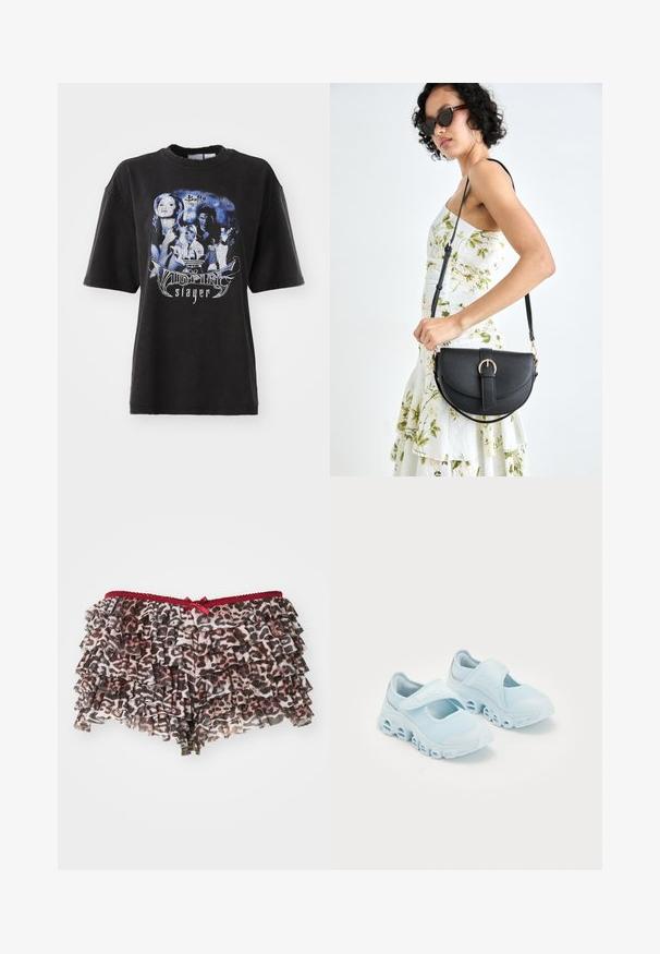 Juodas per didelis marškinėliai, pagaminti iš medvilnės, su grafikiniu atvaizdu mėlynos spalvos tonais, kuriame yra vaizdų ir teksto, susijusių su "Buffy the Vampire Slayer".; Gėlių leopardų rašto šortai su sluoksniuotomis volanais, su raudonu nėriniuotu diržu ir mažyte kaspino detalė priešakyje.; Šviesiai mėlyni sportbačiai su tinklelio audiniu, akcentuotais įpjovimais pado dalyje ir Velcro dirželiu viršuje, užtikrinančiu saugų prigludimą.; Juodas odinis krepšys su išlenkta forma, nuimamu dirželiu ir auksiniais detalėmis. Krepšys turi kilpą su sagtimi.