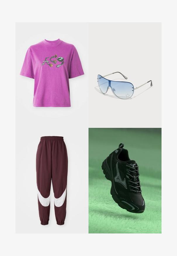 Purple short-sleeve T-shirt with a high collar and graphic design of stylized letters "A", "C", and "9" with floral and thorny elements.; Maroon track pants with a white curved stripe design, elastic waistband, and tapered cuffs. Made from lightweight, breathable material.; Black athletic shoe with a textured surface, grey accents, and laces. Features a prominent branded logo and a cushioned sole for support.; Aviator sunglasses featuring a gradient blue lens, silver metal frame, and decorative star accents on the lens. Smooth and sleek design.