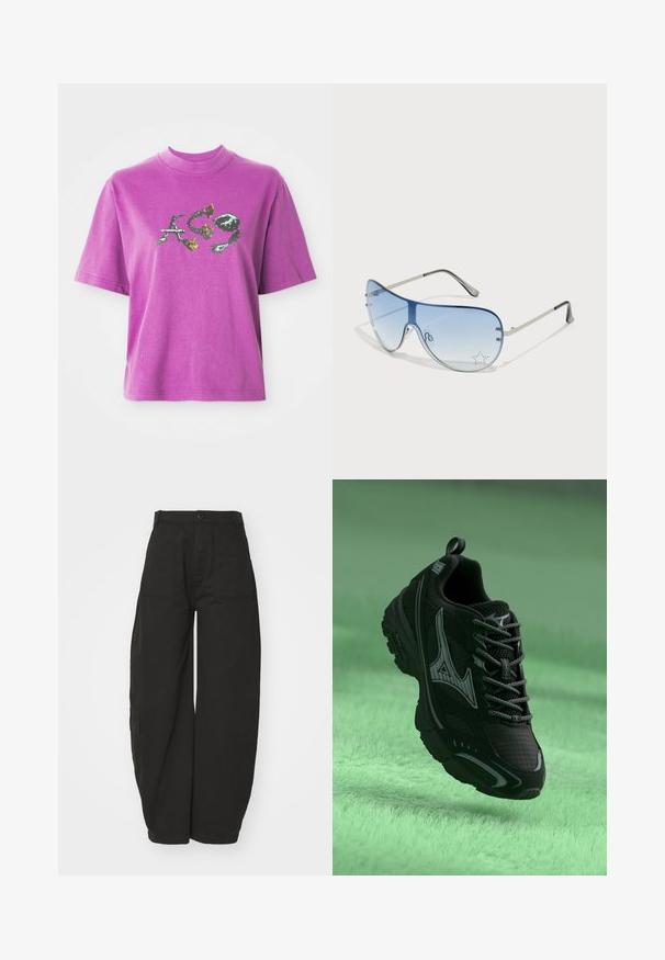 Purpurna kratka majica s kratkimi rokavi z visokim ovratnikom in grafičnim dizajnom stiliziranih črk "A", "C" in "9" z cvetličnimi in trnovimi elementi.; Široke črne hlače iz bombaža z visokim pasom, sprednjo gumbasto zapiranje in stranskima žepoma za funkcionalnost.; Črne športne copate z teksturirano površino, s sivimi poudarki in vezalkami. Imajo izstopajoči blagovni znak in oblazinjeno podplat za podporo.; Pilotne sončne očala z gradijentnimi modrimi lečami, srebrnim kovinskim okvirjem in okrasnimi zvezdastimi detajli na lečah. Gladek in eleganten dizajn.