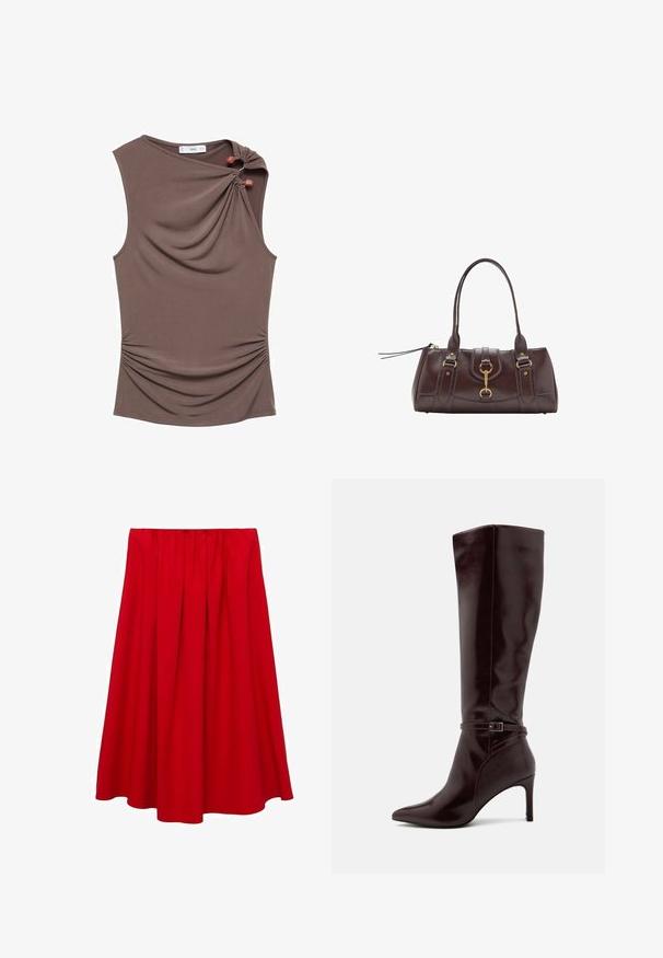 Top marrone senza maniche con davanti drappeggiato, arricciatura laterale e due bottoni decorativi sulla spalla in un tessuto morbido ed elastico.; Gonna rossa al ginocchio con vita arricciata e design a linea ad A fluttuante. Realizzata in tessuto liscio senza motivi o accentuazioni visibili.; Anna Field Stivali alti - bordeaux; Borsetta in pelle marrone scuro con due manici superiori, dettagli in metallo dorato, chiusura frontale e texture cucite sui lati.