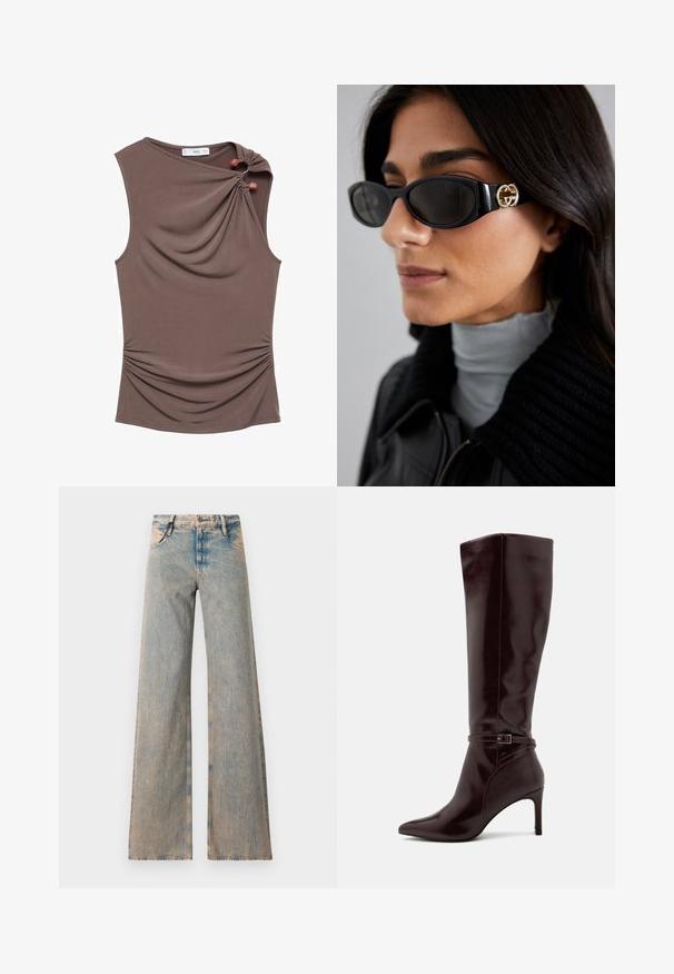 Brown sleeveless top with a draped front, side ruching, and two decorative buttons at the shoulder in a smooth, stretchy fabric.; Light blue wide-leg jeans with a faded texture, featuring a five-pocket design and belt loops, crafted from denim fabric.; Anna Field Boots - bordeaux; Black sunglasses featuring a sleek rectangular frame with a gold logo accent on the side. Dark lenses and glossy finish are prominent.