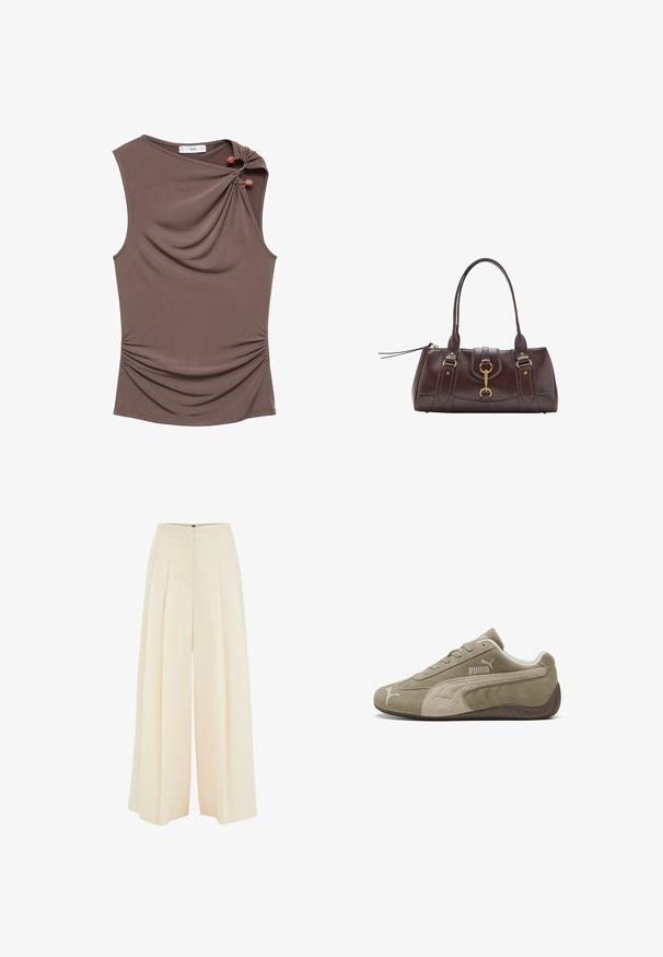 Brun ærmeløs top med draperet front, sidelæg og to dekorative knapper på skulderen i et glat, strækbart stof.; Bredde bukser i lys beige stof, med plisseret frontdesign, høj talje og glat tekstur. Ingen synlig hardware eller mønstre.; Suedesneakers i lysebrun med mørkere accenter, med et lavprofil design, snørebåndslukning og et mærke logo på siden.; Mørkebrun læderhåndtaske med to hanke i toppen, detaljer i guldmetal, en frontlås og syede teksturer på siderne.