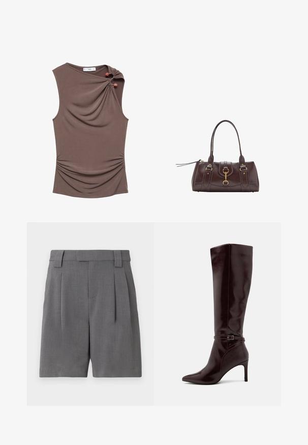 Top marrone senza maniche con davanti drappeggiato, arricciatura laterale e due bottoni decorativi sulla spalla in un tessuto morbido ed elastico.; Pantaloni corti grigi su misura, realizzati in un tessuto a trama fine. Presentano pieghe frontali, passanti per cintura e tasche laterali per un aspetto strutturato.; Anna Field Stivali alti - bordeaux; Borsetta in pelle marrone scuro con due manici superiori, dettagli in metallo dorato, chiusura frontale e texture cucite sui lati.