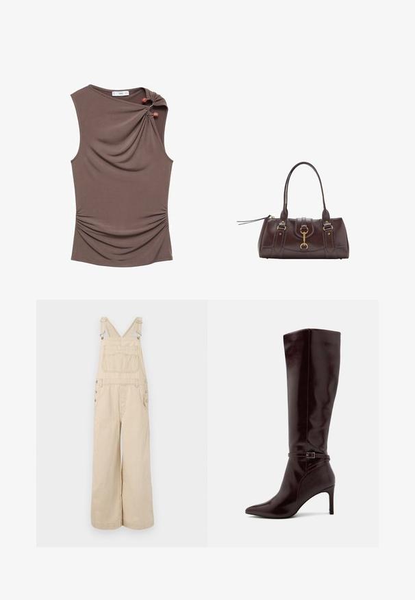 Top marrone senza maniche con davanti drappeggiato, arricciatura laterale e due bottoni decorativi sulla spalla in un tessuto morbido ed elastico.; Salopette beige a righe con gambe ampie, dotata di spalline regolabili, bottoni metallici, tasche frontali e tasca sul petto.; Anna Field Stivali alti - bordeaux; Borsetta in pelle marrone scuro con due manici superiori, dettagli in metallo dorato, chiusura frontale e texture cucite sui lati.