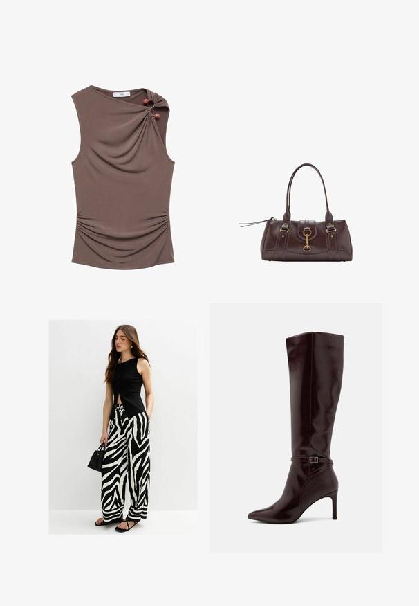 Brown sleeveless top with a draped front, side ruching, and two decorative buttons at the shoulder in a smooth, stretchy fabric.; Black sleeveless top with front buttons paired with wide-leg black and white zebra-striped pants; model holding a small black bag.; Anna Field Boots - bordeaux; Dark brown leather handbag with two top handles, gold hardware accents, a front clasp detail, and stitched textures on the sides.